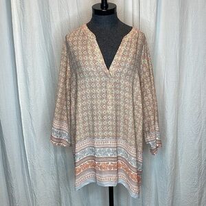 Rose Olive Top Women 2X Plus Orange Blouse 3/4 Sleeve Bohemian Floral Long Line